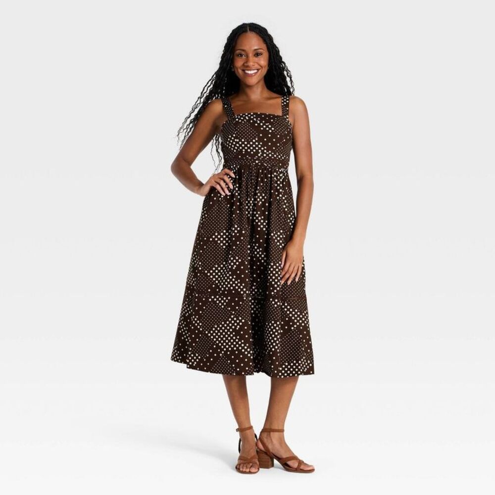 Women's Smocked Poplin Midi Dress - A New Day Brown Dot M